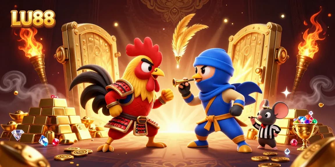 Bet on excitement with LU88's dynamic fight scene showcasing roosters amidst treasures.