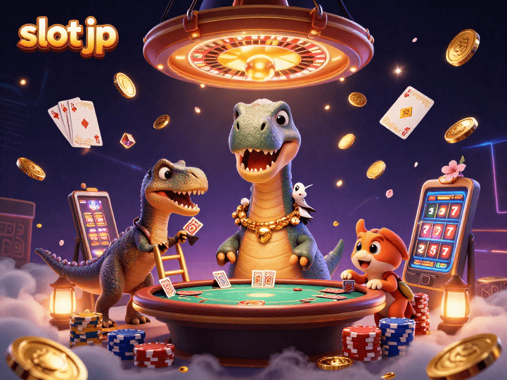 Experience the thrill of slot jp with a dynamic scene filled with cascading coins and a clever dealer.