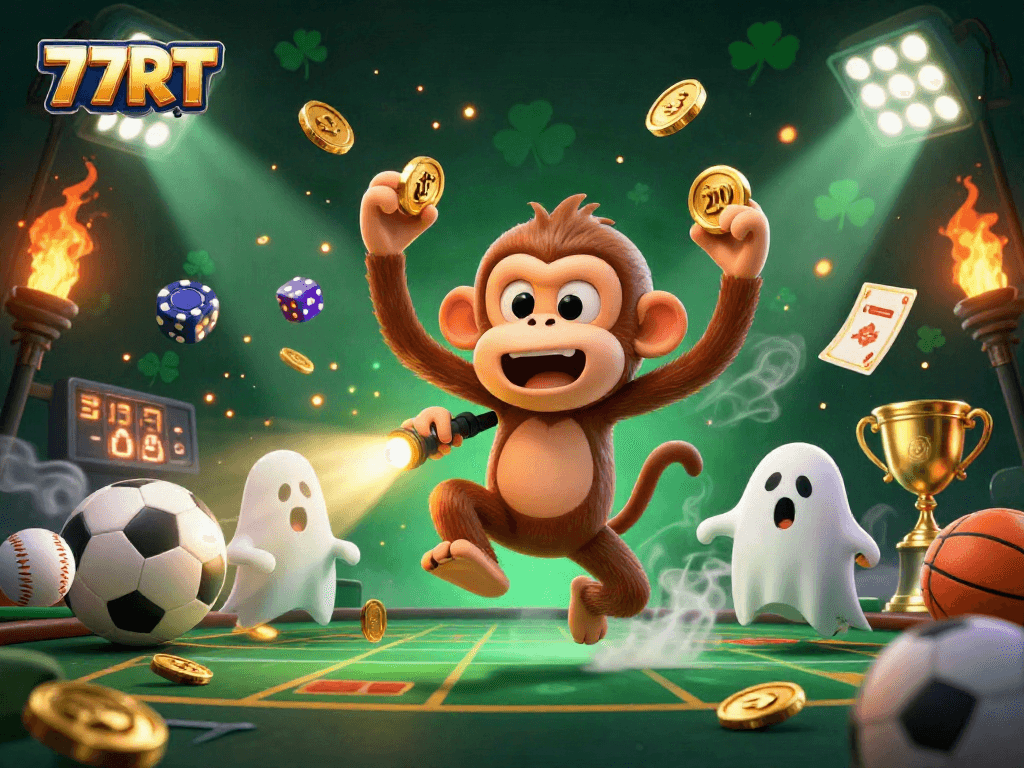 Experience thrilling gameplay at 77RT with a ghostly monkey juggling gold in a haunted casino setting.