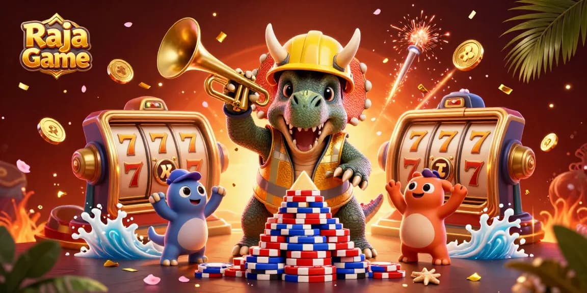 Join the excitement of Raja Game with triceratops and vibrant slot elements celebrating wins!