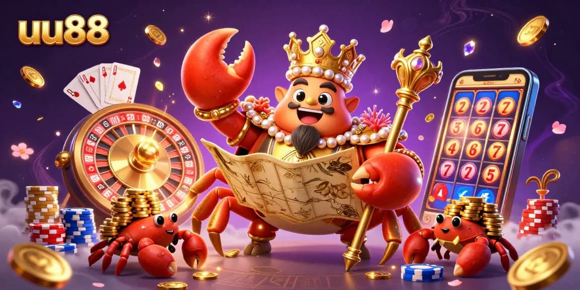 Play at uu88 with the massive crab emperor enjoying a thrilling casino atmosphere filled with golden coins and vibrant game elements.