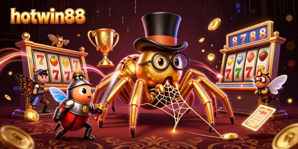 Play thrilling games at hotwin88 with golden tarantula and beetle knight in a vibrant casino scene