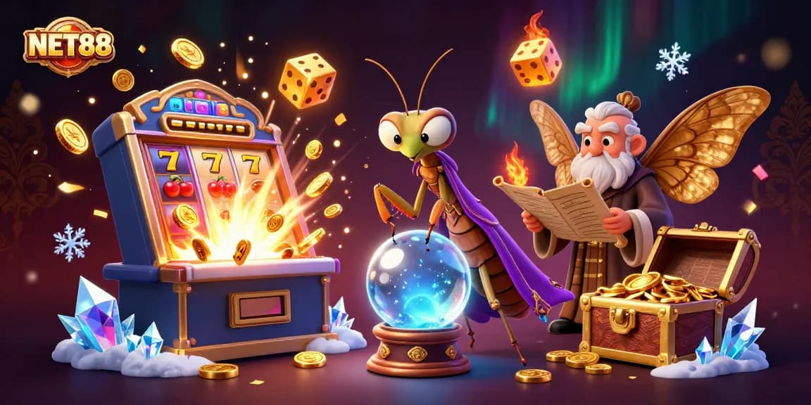 NET88 fortune teller and librarian unveil jackpot riches in a vibrant casino scene