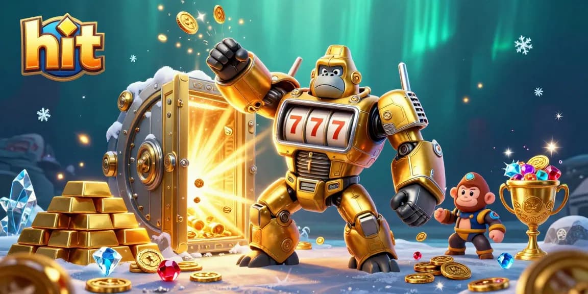 Hit the jackpot with the golden gorilla mech amidst treasures, enhancing your gaming adventure.