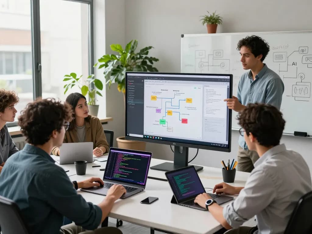Dynamic tech workspace with AI developers collaborating on innovative projects, focusing on juicy ai applications.