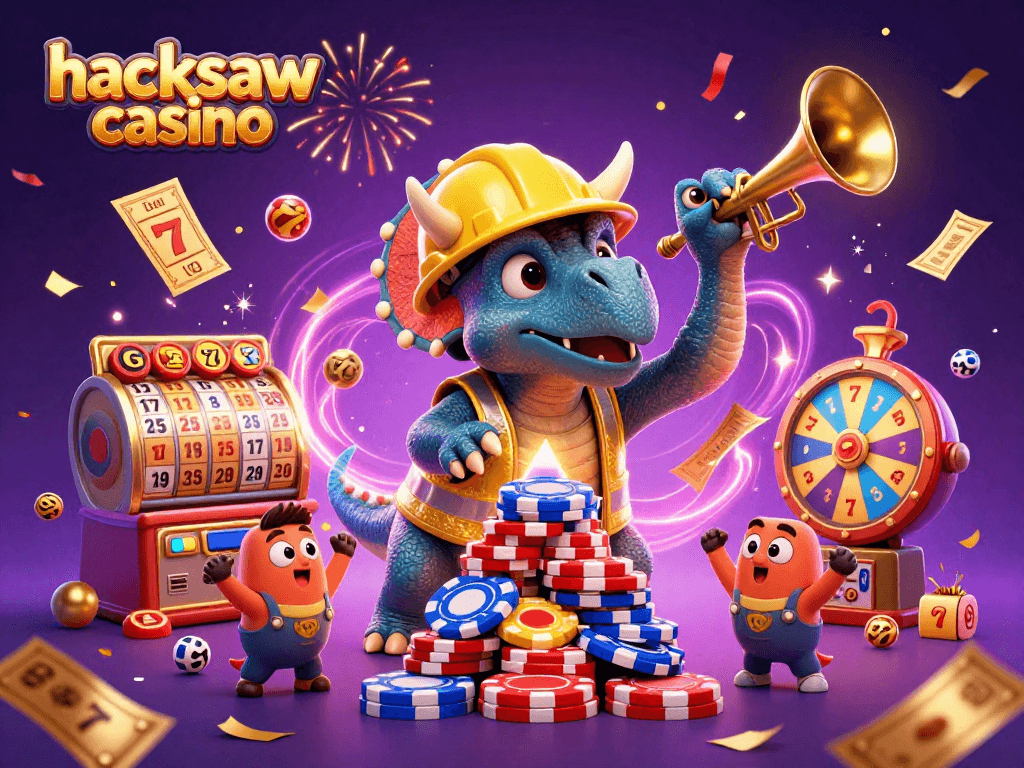 Experience excitement at hacksaw casino with vibrant 3D characters building poker chip pyramids amidst a gaming celebration.