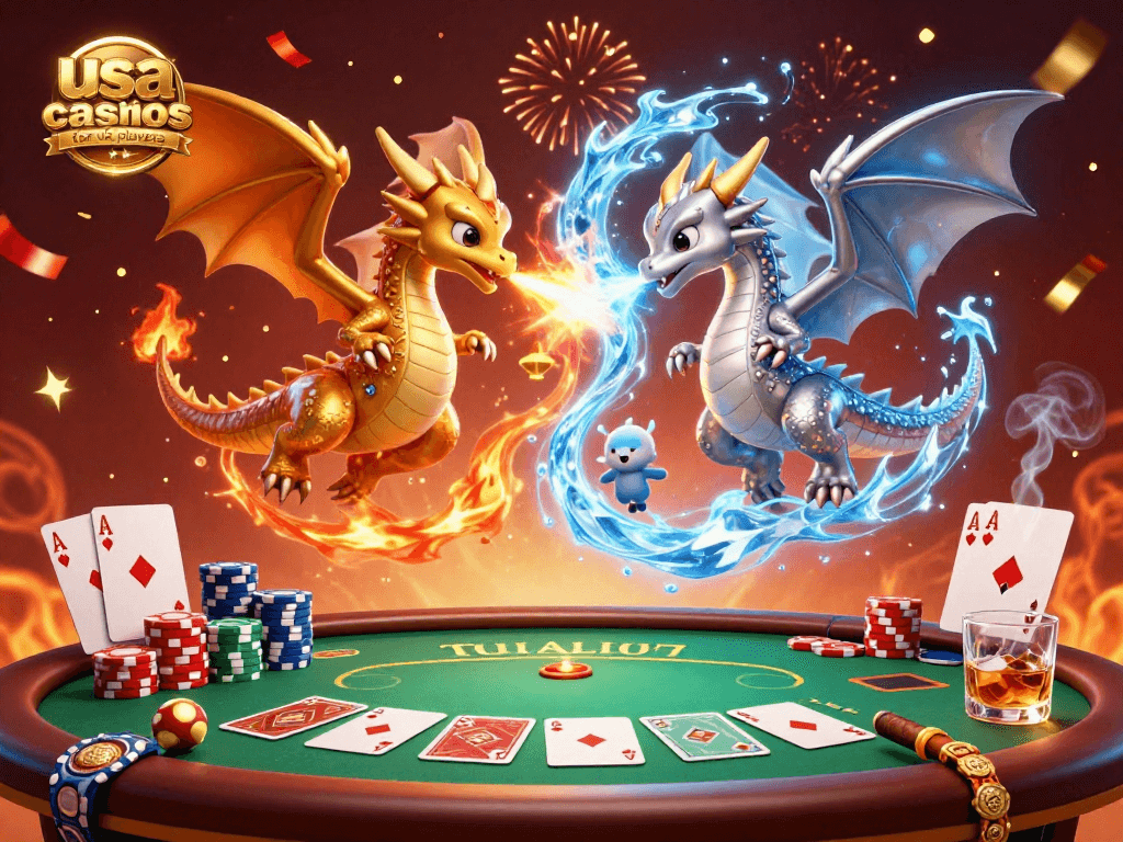 Experience the thrill of usa casinos for uk players featuring dynamic dragons and vibrant poker elements.