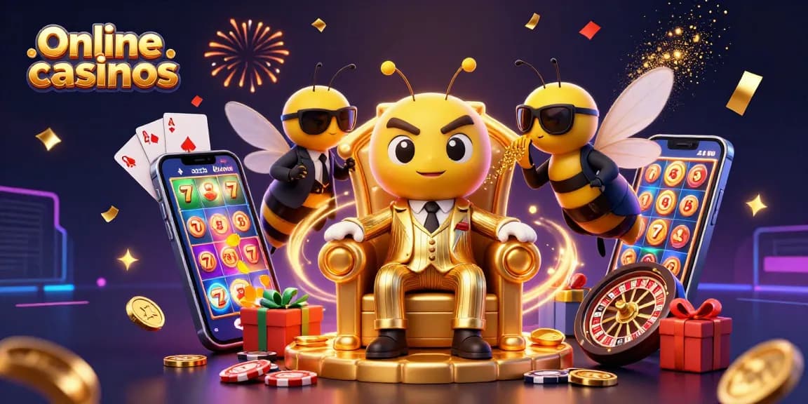 Experience thrilling online casinos with a bustling bumblebee mob boss in an energetic 3D illustration.