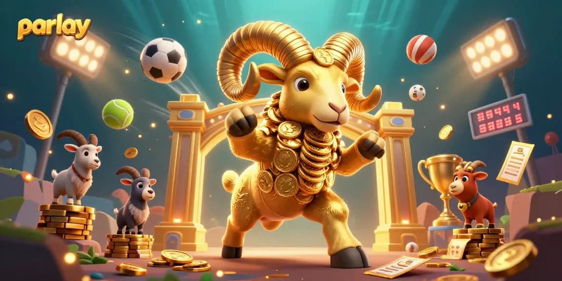 Engage in thrilling parlay betting with a vibrant 3D illustration featuring sports balls and a golden ram.