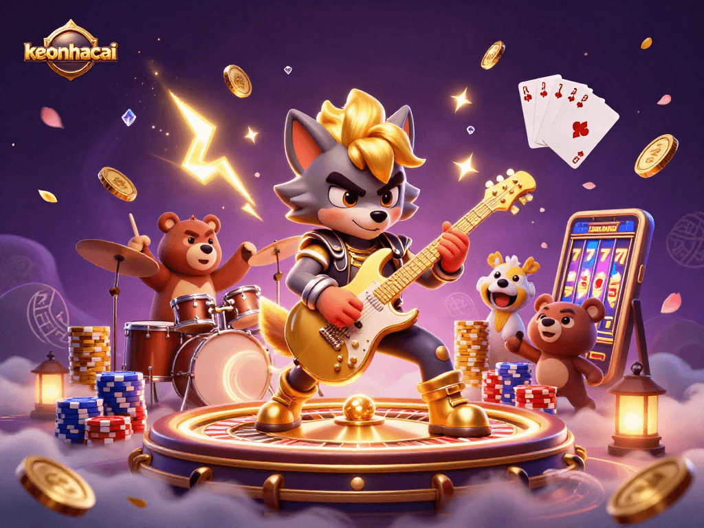 Experience the excitement of keonhacai with a dynamic casino scene featuring a rock star wolf and vibrant gaming elements.