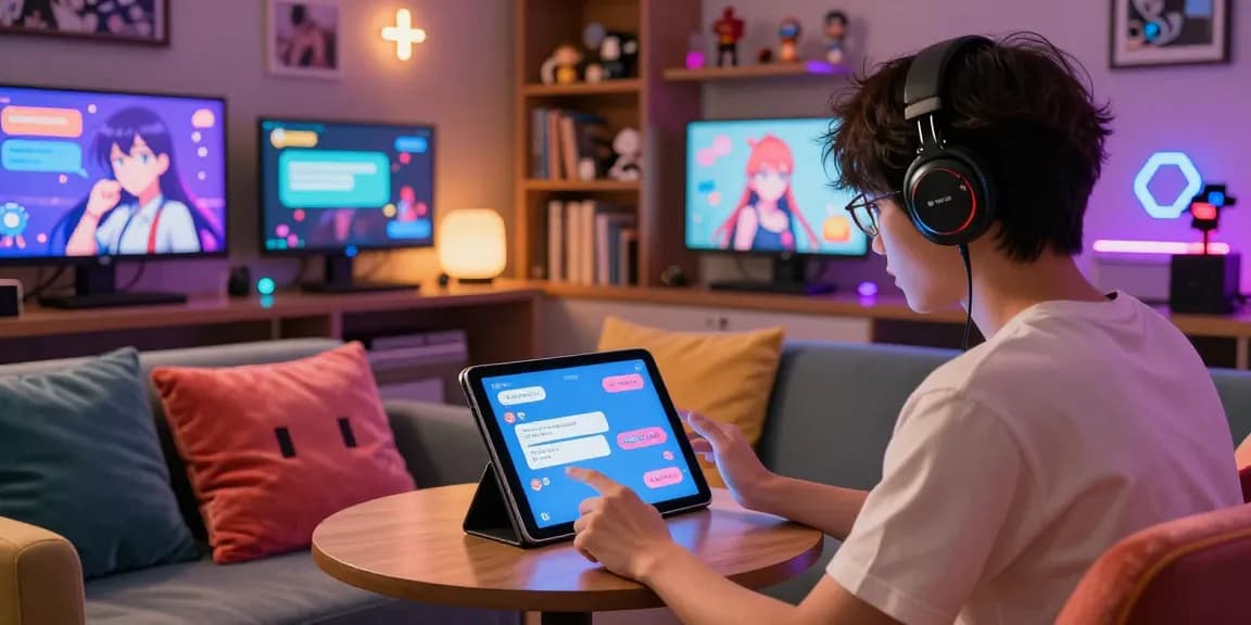 Engaging ai hentai chat interaction with vibrant anime characters in a cozy digital lounge setting.