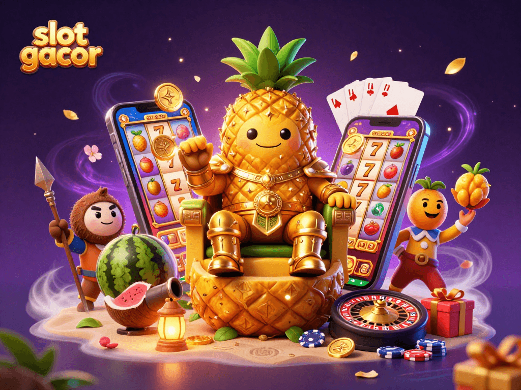 Experience the excitement of slot gacor with a golden pineapple king and vibrant casino atmosphere.