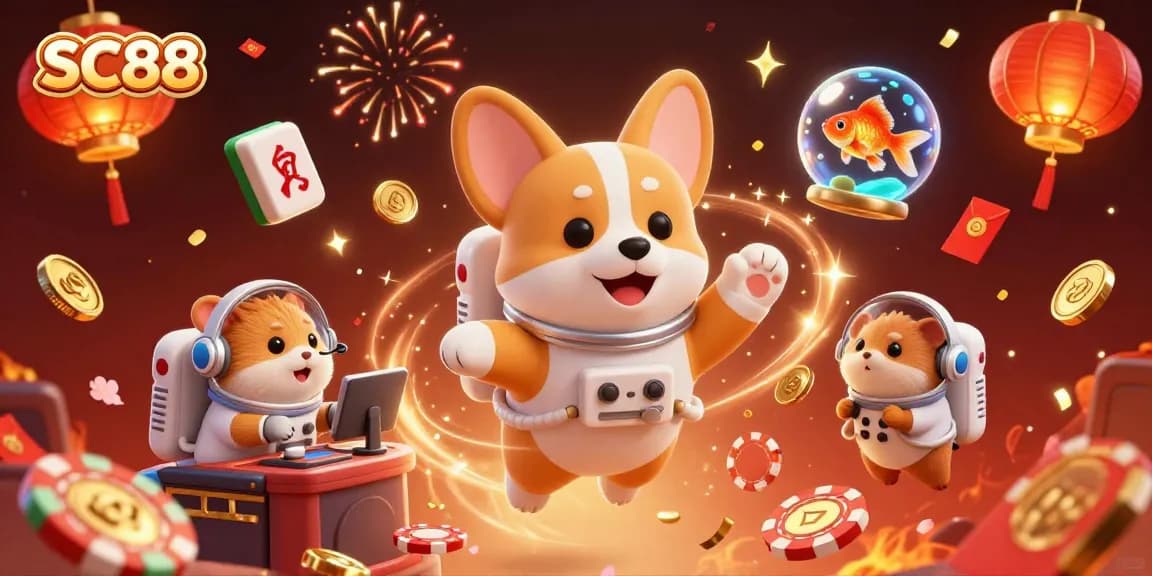 Spin the reels with SC88 in a vibrant space casino scene filled with golden coins and mahjong tiles.