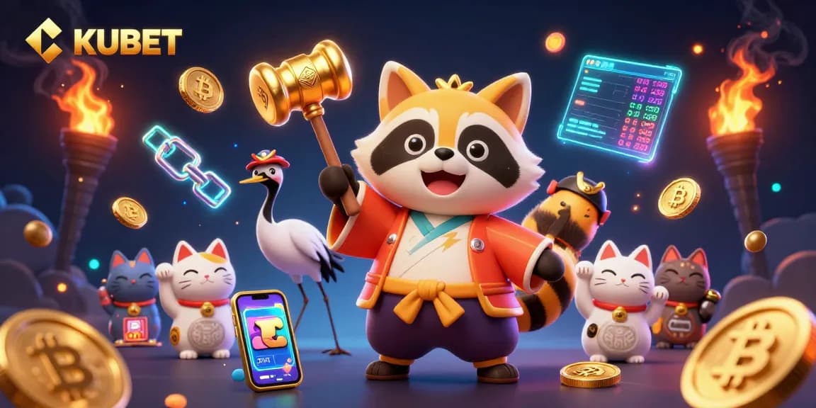 KUBET brings excitement with a 3D tanuki mascot and colorful symbols of fortune in a vibrant casino scene.