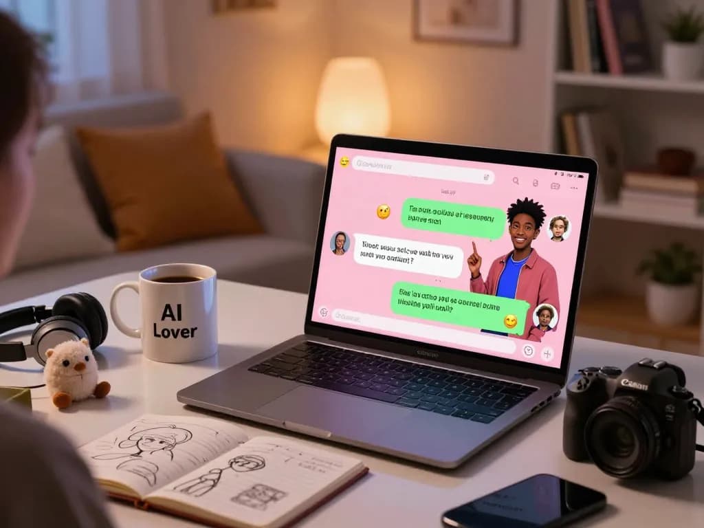 Engaging in ai sex chat with a vibrant AI companion on laptop screen in a cozy digital space.