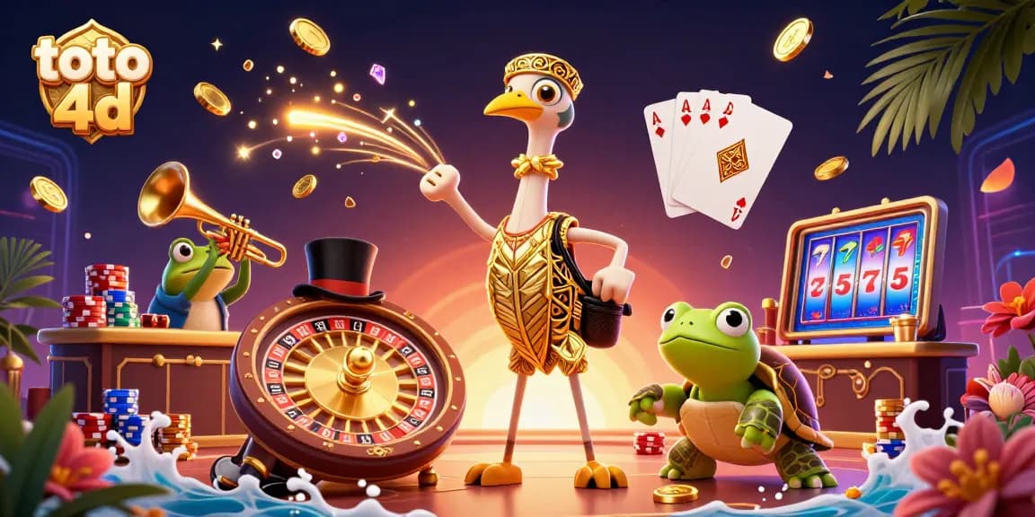 Spin and win with Toto 4D as golden coins and gems surround lively casino characters.