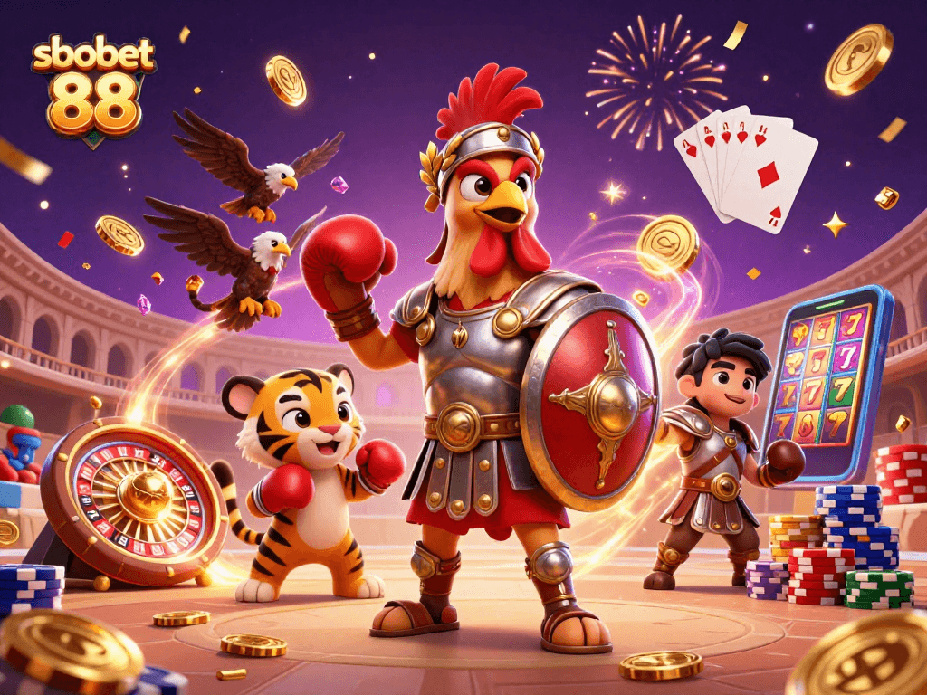 Experience sbobet 88 excitement with a vibrant 3D illustration featuring thrilling casino elements.
