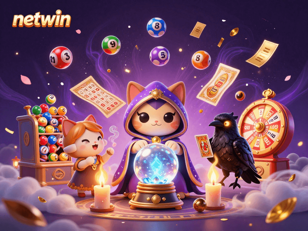 Experience exciting gaming with netwin in this vibrant 3D illustration featuring dynamic lottery elements.