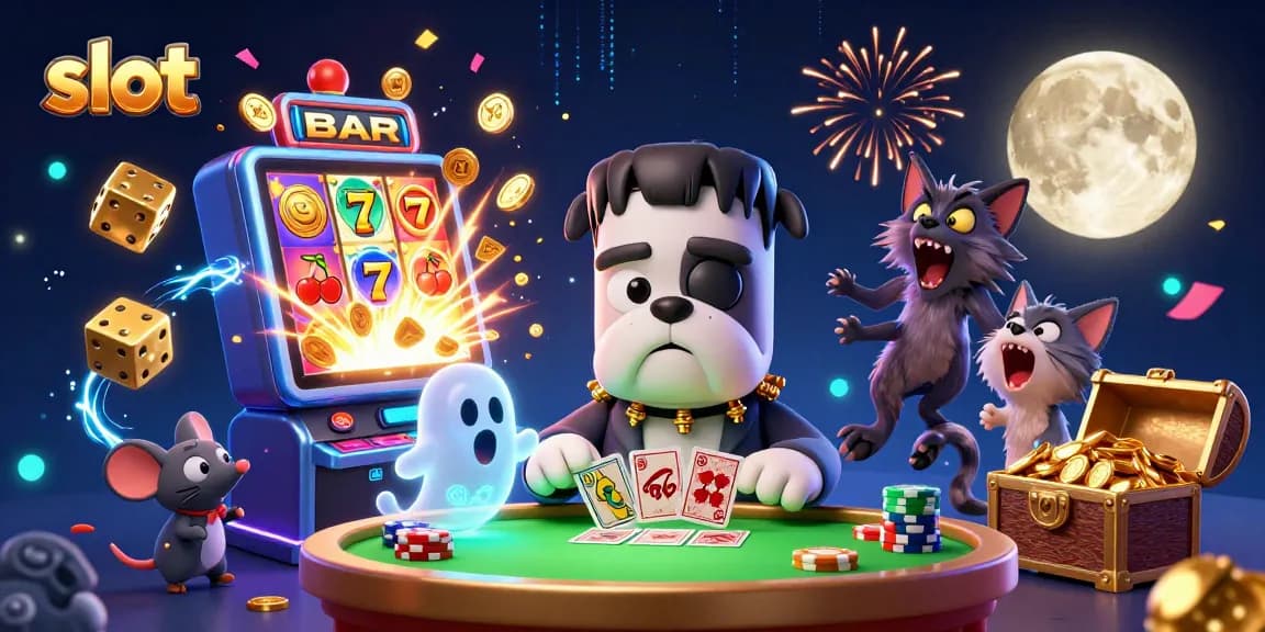 Spin the slot in thrilling 3D illustration featuring a Bulldog dealer and golden jackpot bursts.