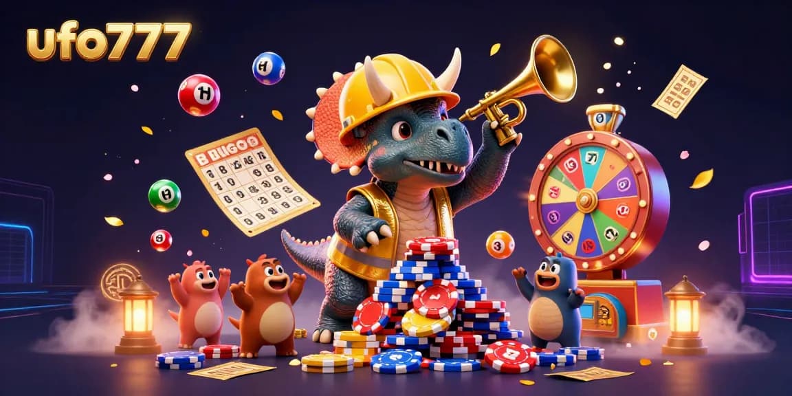 Experience the excitement of ufo777 with themed characters and vibrant casino elements in a lively 3D illustration.