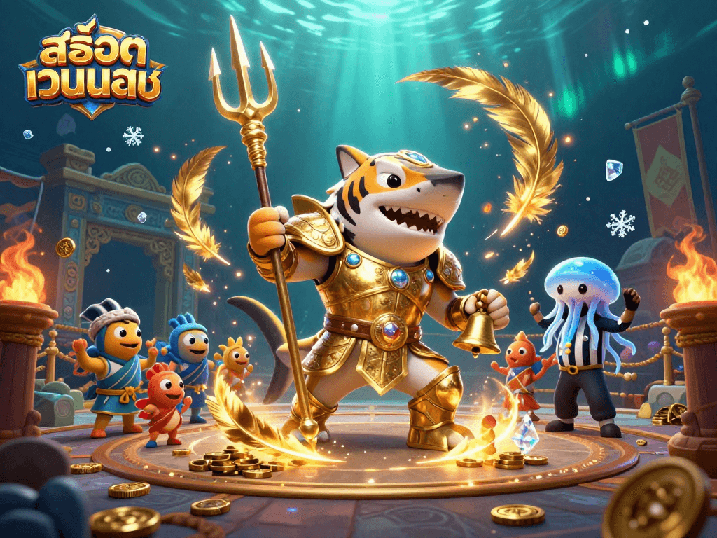 Engage with สล็อตเว็บตรง in a vibrant underwater colosseum featuring a tiger shark hero and animated game elements.