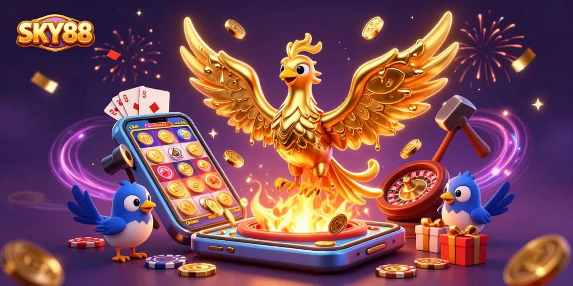 SKY88 showcases a dynamic illustration of a molten metal phoenix and casino games in a vibrant scene.