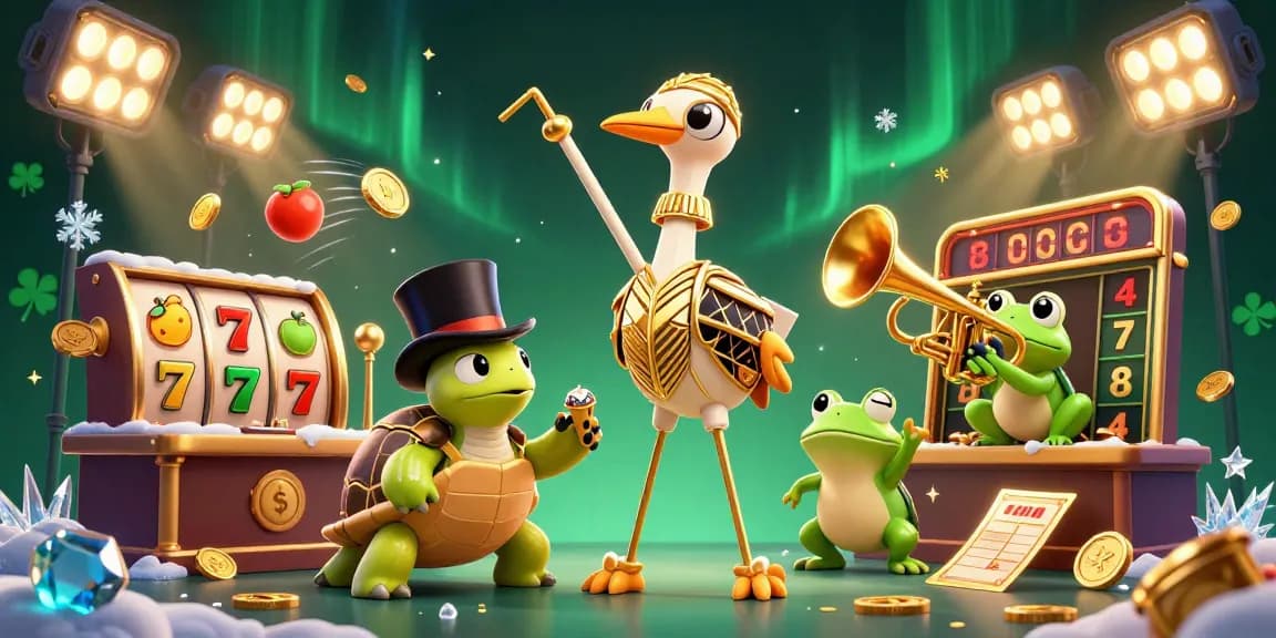 Engage with radio fun at a vibrant casino featuring a singing frog, dapper turtle, and flapper-style crane.