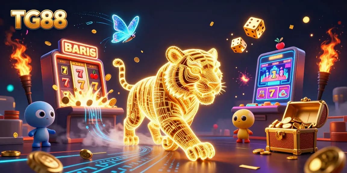 Experience winning with TG88, featuring vibrant 3D visuals of slot machines and golden treasures.
