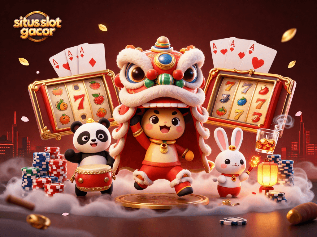 Win at situs slot gacor with a lively illustration of a lion dance, panda, and iconic gambling elements.