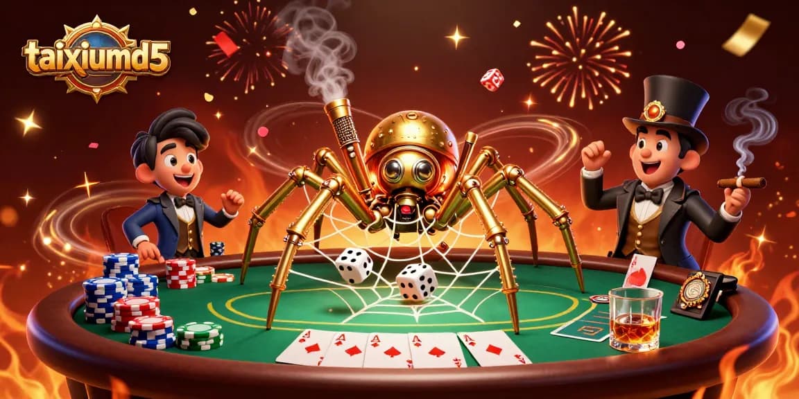 Experience taixiumd5 with a steampunk spider capturing lucky dice in its golden web