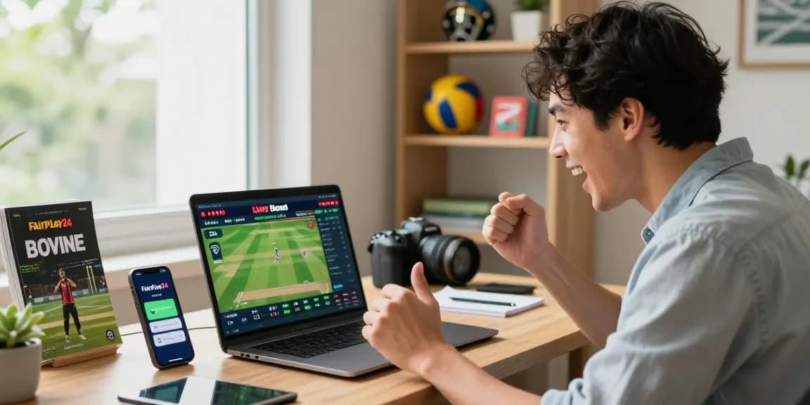 Excited user engaging with Fairplay24 online betting platform in a vibrant home office.