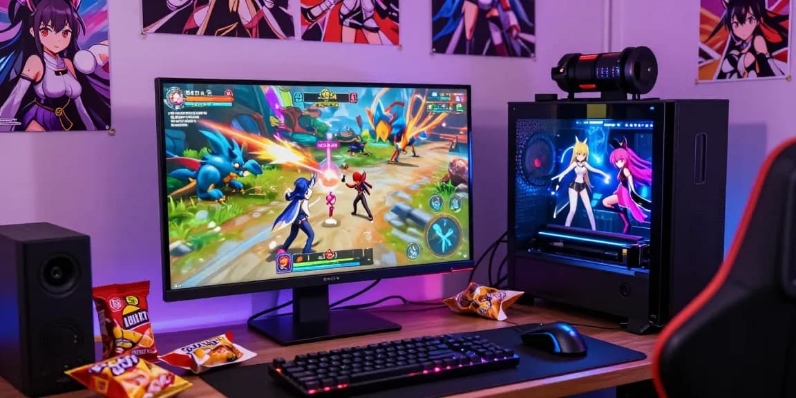 Exciting scene of a player immersed in hentai games with vivid graphics and colorful characters.