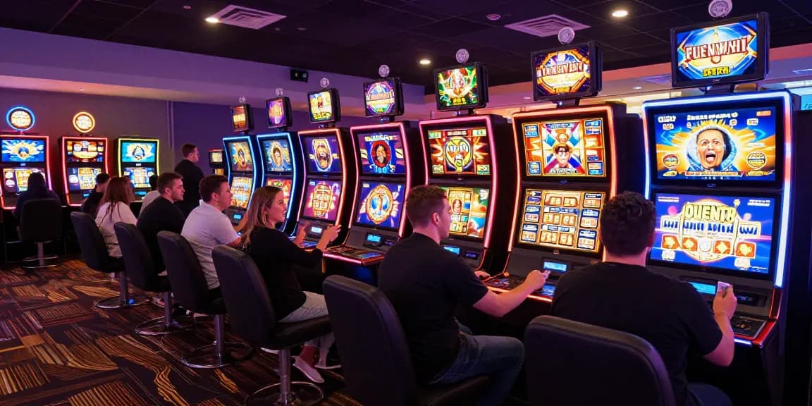 Players enjoying non UK slots in a lively casino atmosphere, highlighting colorful slot machines and cheerful moments.