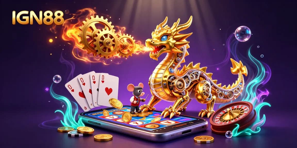 Experience the thrill of slots with IGN88, featuring a biomechanical golden dragon and vibrant casino elements.