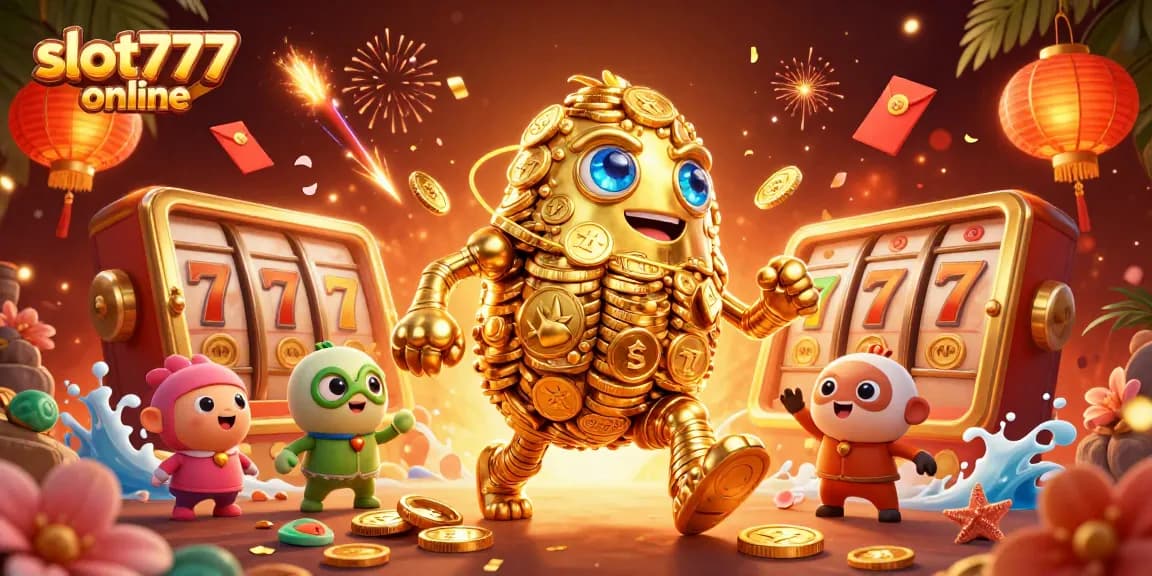 Engage with slot777 online in a vibrant 3D casino world featuring golden golems and dynamic game elements.