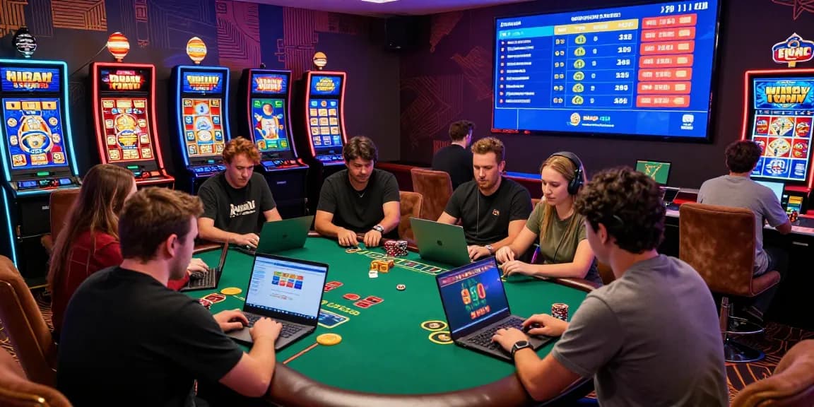 Excited players enjoying the best new online casinos in a vibrant live gaming environment with digital graphics and promotions.