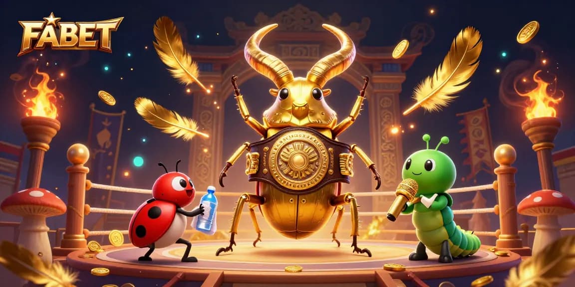 FABET showcases epic battles in a vibrant 3D casino scene with unique characters and game elements.