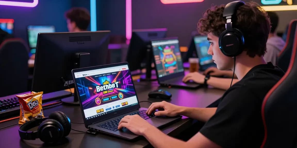 Engaged player navigating betebet online betting site in modern gaming lounge.
