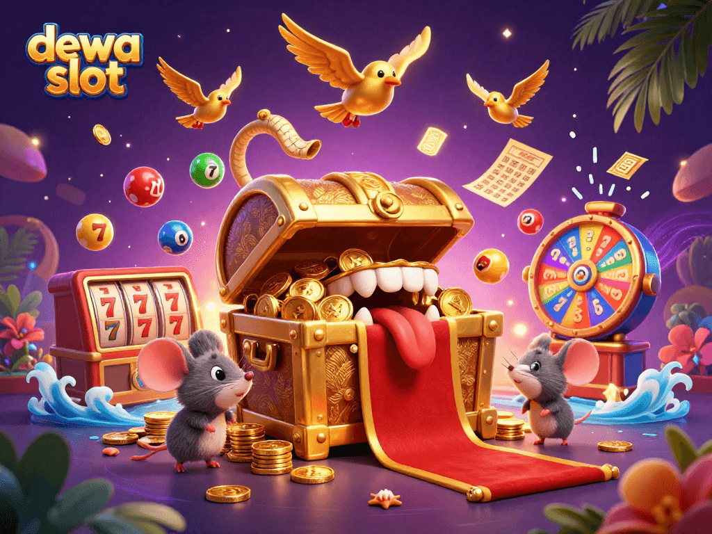 Engage with dewa slot through exciting gaming scenes of treasure chests, bouncing balls, and dynamic prize wheels.