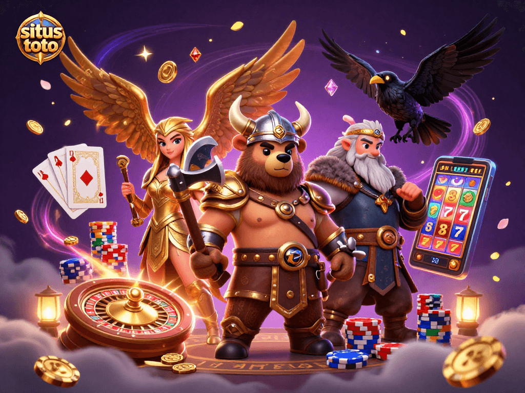 Engage with situs toto as Viking figures showcase thrilling gambling action in a vibrant casino scene.