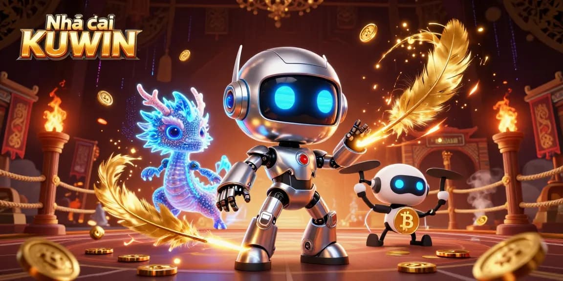 Experience the exciting gameplay at Nhà cái KUWIN with vibrant illustrations of modern casino elements.