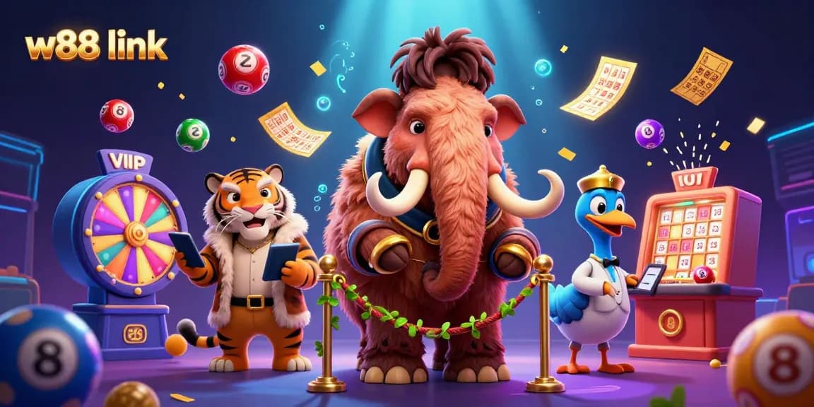 Engage with the thrilling w88 link experience as vibrant lottery elements and characters create a lively casino scene.