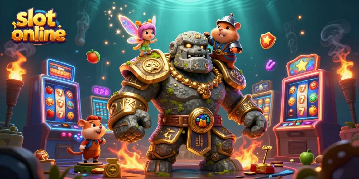 Memenangkan permainan slot online dengan elemen berkilau dan karakter penuh warna dalam ilustrasi 3D.