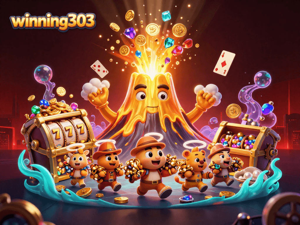 Winning303 showcases a vibrant casino scene with a golden volcano and dynamic slot elements.
