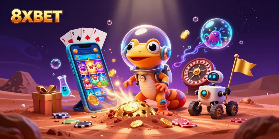 8XBET explodes with excitement as a Martian gecko discovers a golden casino, thrilling players amidst vibrant slot games.