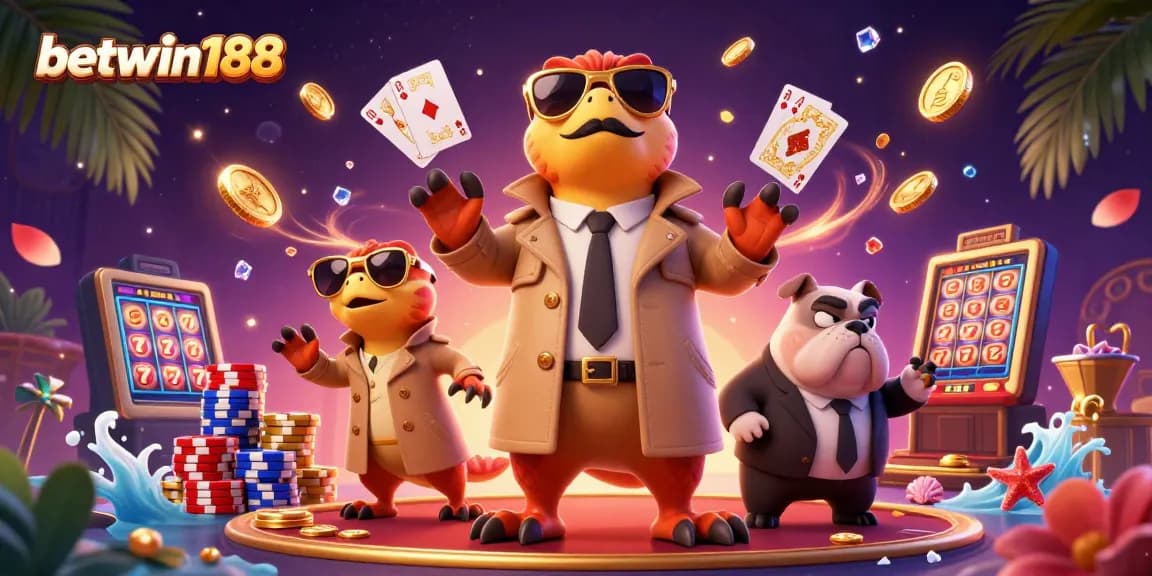 Experience the excitement of betting at betwin188 with a whimsical casino scene featuring raptors and gems.