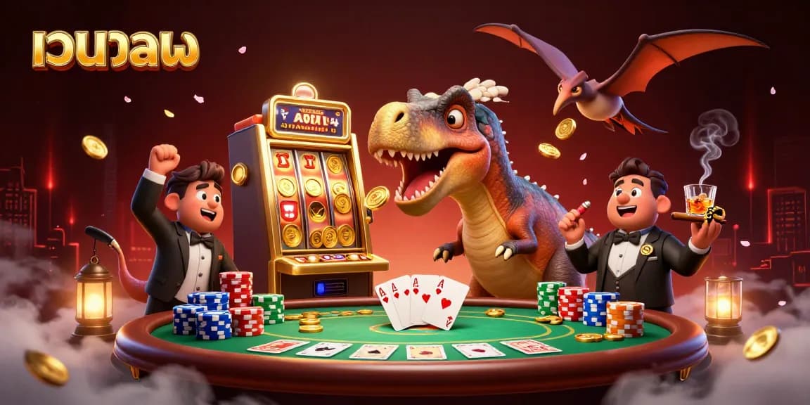 Engage with เว็บบอล as a pachycephalosaurus showcases a jackpot win at a casino slot machine amid a vibrant poker scene.