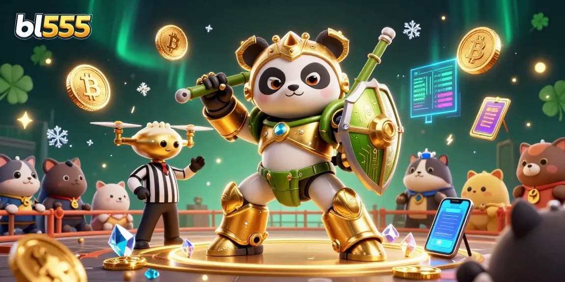 Experience thrilling gameplay with bl555 in a vibrant 3D casino arena featuring golden panda and crypto elements.