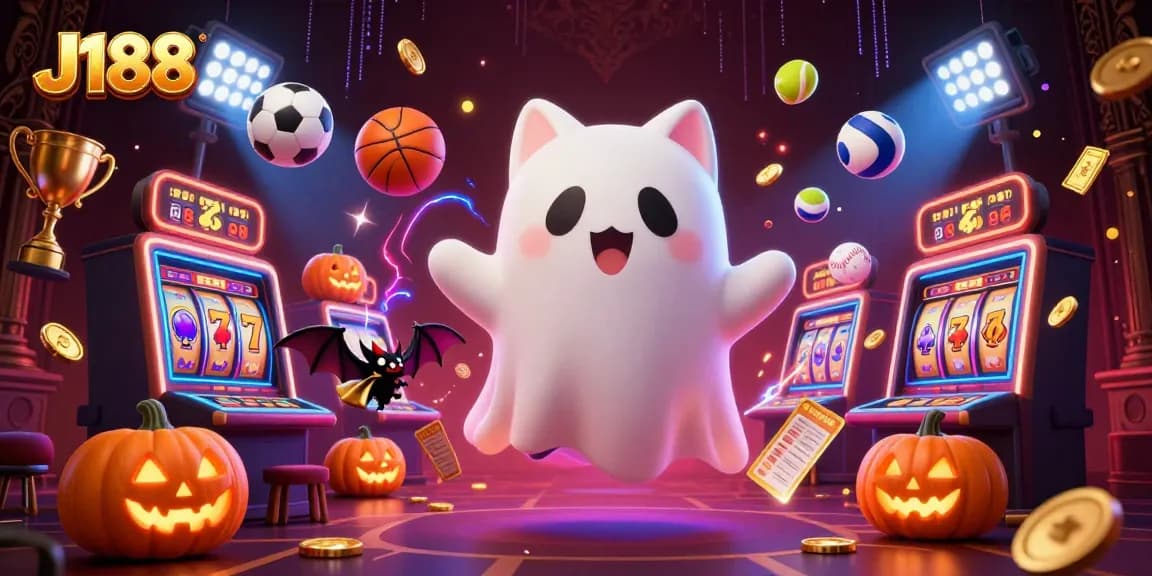 Experience thrilling games at J188 with a captivating ghost cat and vibrant casino elements.