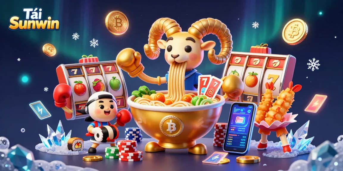 Tải Sunwin game illustration featuring vibrant characters and dynamic casino elements for online gaming.